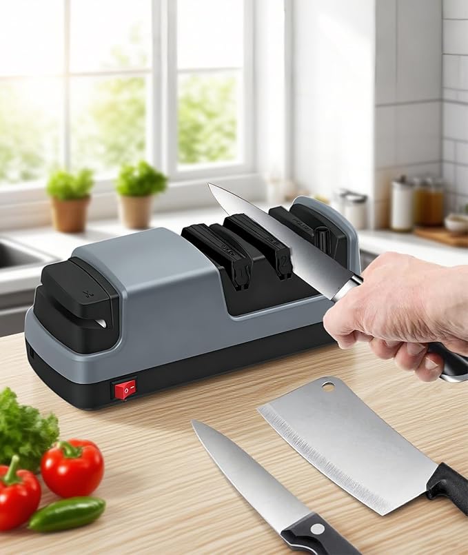 Professional Electric Knife Sharpener – Precision Sharpening for Kitchen Knives, Scissors & More – Diamond Abrasives & 3-Stage System (Grey)