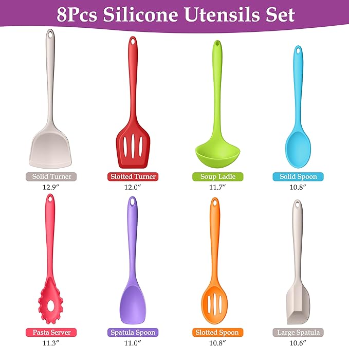 LIANYU 8Pcs Kitchen Cooking Utensils Set, Silicone Utensils Spatula Set, Heat Resistant Cooking Gadgets for Nonstick Cookware, Include Silicone Spoon, Turner, Spatula, Ladle, Multi-Color
