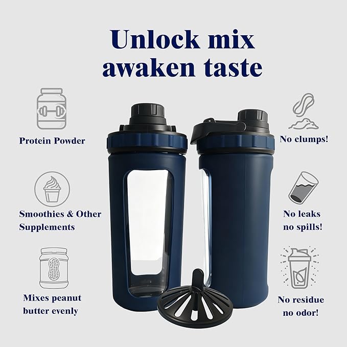 Glass Shaker Cup Odorless BPA Free– Glass Shaker Bottle for Protein 26oz Durable Borosilicate Glass, Leak-Proof & BPA-Free – Ideal for Creamy Protein Shakes, Smoothies & Workout Drinks(Navy Blue)