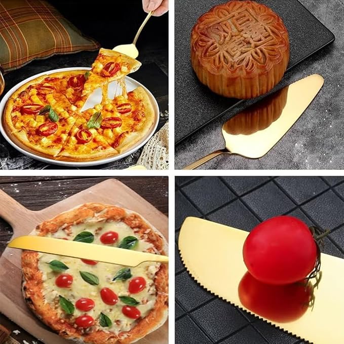 Pie Server and Cake Server Stainless Steel Set - Serrated Spatula with Elegant Ergonomic Handles for Cutting and Serving Desserts, Brownies, Lasagna (Gold)