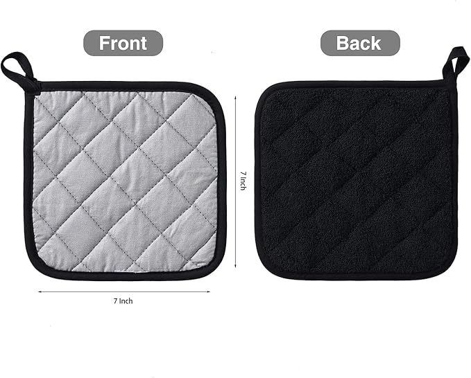 Kitchen Pot Holders Set Heat Resistant Pure Cotton Potholders Kit Trivets Large Coasters Hot Pads Terry Pot Holders for Everyday Cooking and Baking by 7 x 7 Inch Set of 4 Black