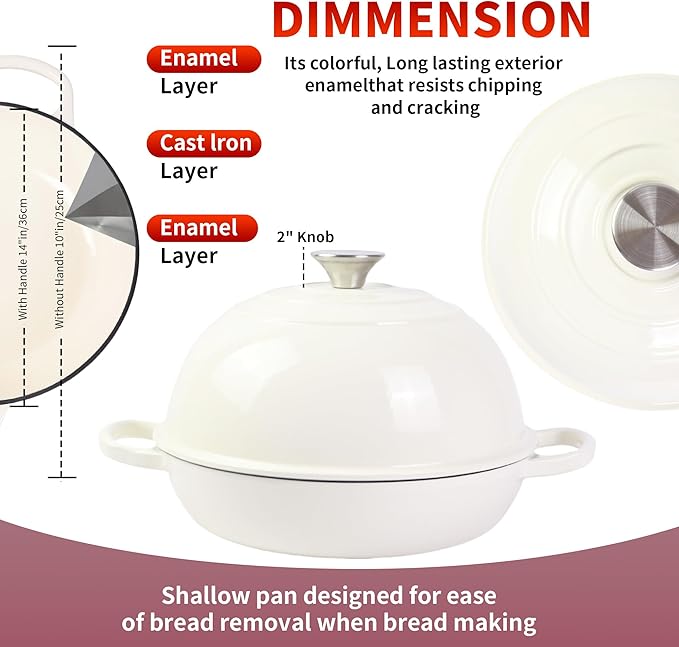 Dutch Oven for Sourdough Bread Baking, Enameled Cast Iron Dutch Oven Pot with Lid, Dome-Shaped Bread Dutch Ovens, 6 Qt, (White)