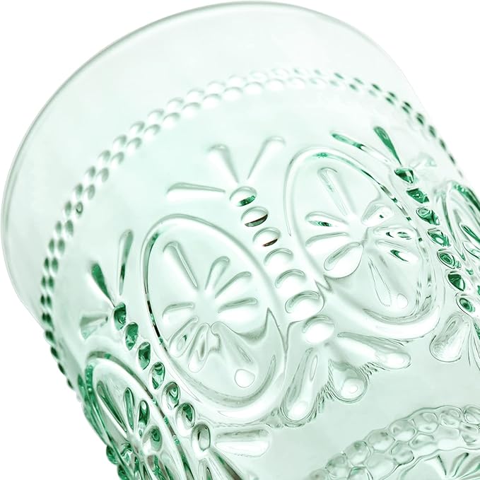 CREATIVELAND Colored Vintage Drinking Glasses Set of 4, 15.5 oz Romantic Embossed Water Glasses, Colored Tumblers Tempered Glass for Juice, Beverages, Beer, Cocktail (Green)