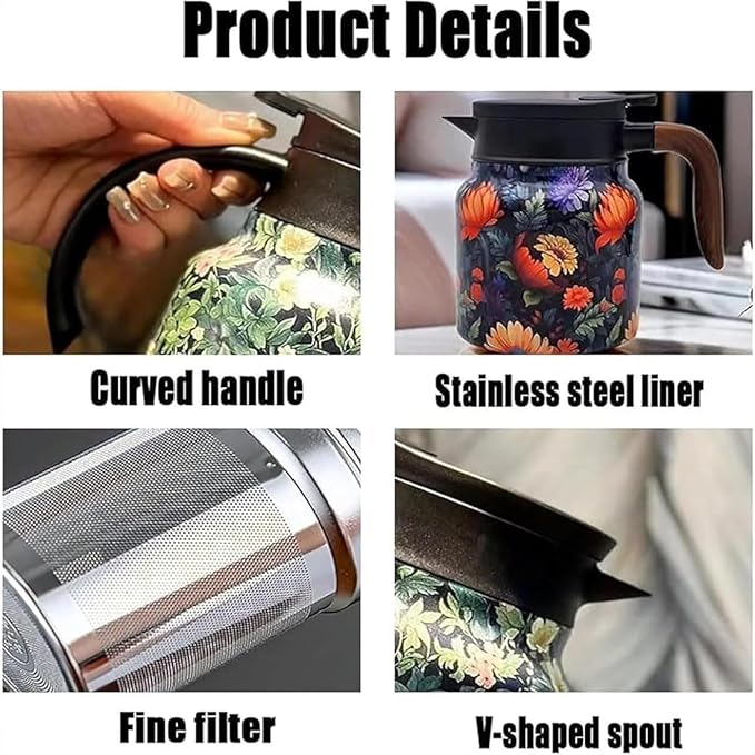 Vintage Floral Pattern Teapot – Built-In Infuser, 800ML/1000ML Heatproof Stainless Steel Teapot with Lid for Hot Drinks (Blue, 800ml-Wooden handle)