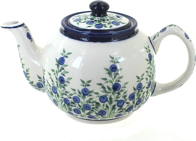 Blue Rose Polish Pottery - Green Porcelain Vine Medium Teapot - 4 Cup Capacity - Hand-Painted Polish Pottery Ceramic Coffee & Tea Server