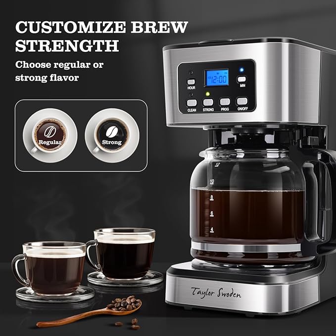 Taylor Swoden 12-Cup Programmable Coffee Maker, Regular & Strong Brew Drip Coffee Machine for Home and Office, Glass Carafe, Pause & Serve, Auto Shut Off, Black & Stainless Steel