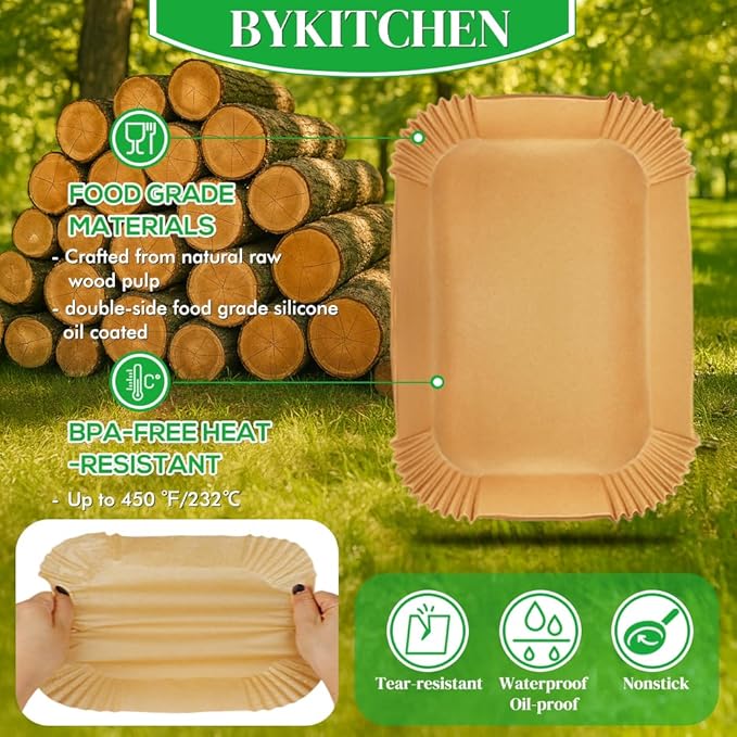 BYKITCHEN 300PCS Air Fryer Liners for Ninja Dual Airfryer, Rectangle Disposable Air Fryer Parchment Paper Compatible with Ninja DZ201/ DZ401/ DZ550, Bella Slim Airfryer &More, Air Fryer Accessories