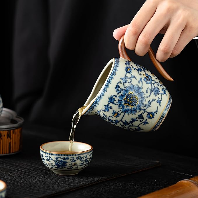 Chinese Tea Pot Sets,10 Pcs Portable Ceramic Cup for Tea, White And Blue Tea Kettle Set,Including 1 Teapot, 1 Tea Strainer, 7 Tea Cups, Asian Tea Sets For Adult,Home,gifing,Tea Lover And Office