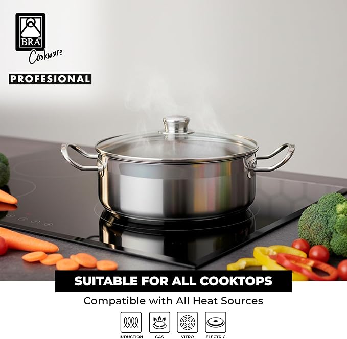 BRA COOKWARE Profesional 18/10 Stainless Steel Stock Pot w/Glass Lid | 8 Inch 2.4 Quart Professional Cooking Pot | 5.5mm Thick Base | PFOA Free Deep Pot | All Cooktops | All Cooktops & Oven Safe