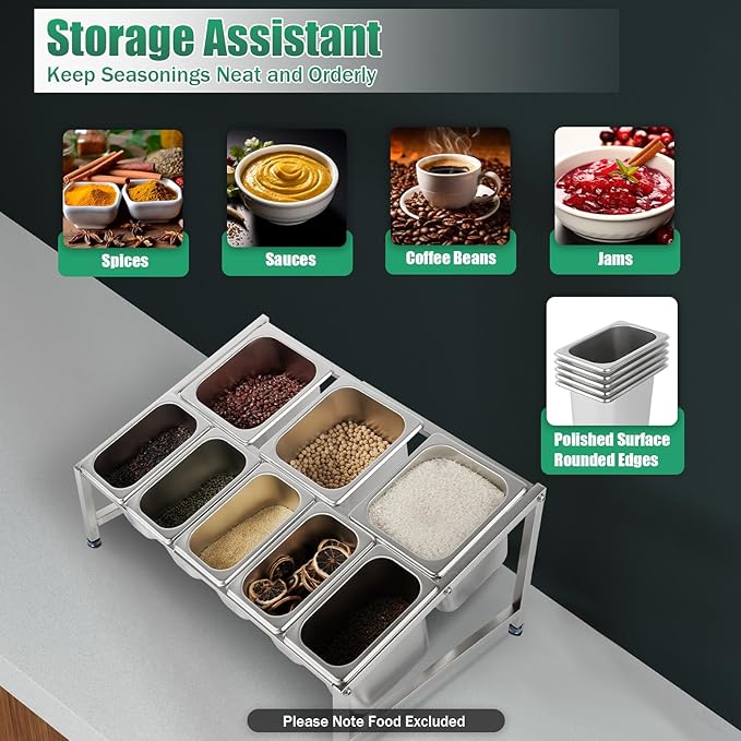 Expandable Spice Rack, 2-Tier Stainless Kitchen Spice Rack Organizer, 5x1/9 Pans + 3x1/6 Pans, Organizer Shelf with Lid, Countertop Holder for Spices Sauce Ingredients Fruits -8 Pans