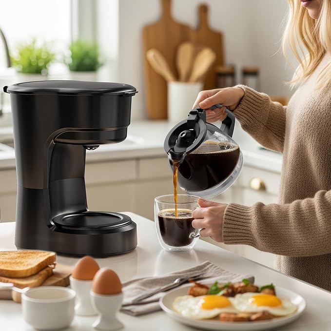 WAA 5 Cup Drip Coffee Maker, Portable Coffee Machine, Glass Coffee Pots with Reusable filter, Delay Brew, Anti-Drip Design, Dry-Burn Protection, One-Touch Operation, 25oz Water Reservoir, Black