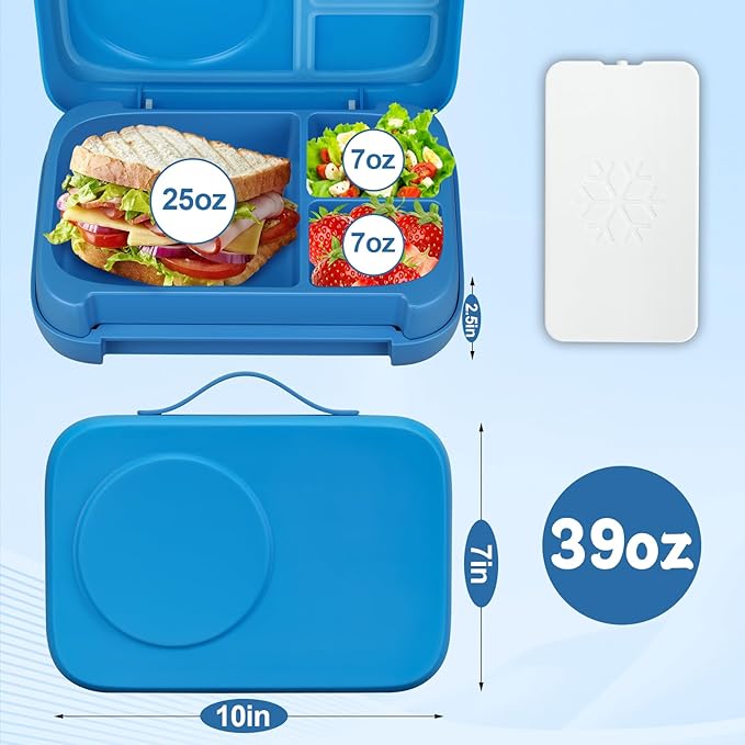 MAISON HUIS Chill Bento Lunch Box for Kids Adult with Ice Pack 3 Compartments Leakproof Lunch Containers Keep Food Cold for Girl Boy School