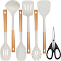 QMVESS Silicone Cooking Utensils Set, Kitchen Utensils Set 7 Pcs with Long Wooden Handle, Food Grade and Heat Resistant Large Silicone Spatula Set for Nonstick Cookware, BPA Free（White）