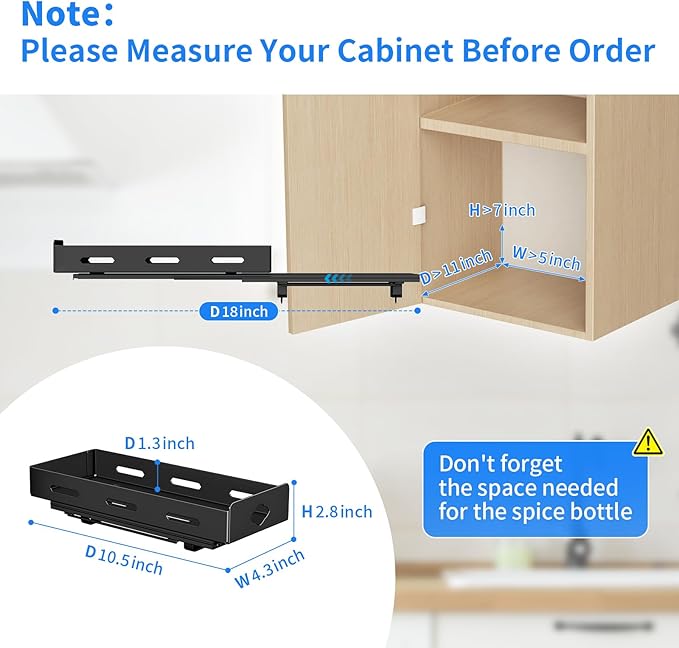 Pull Out Spice Rack Organizer for Cabinet, Heavy Duty Spice Organizer for Cabinet, Vertical Spice Rack for Kitchen, Cabinet, Pantry, Cupboard (4.2''Wx10.5''Dx2.8''H, Metal Black)