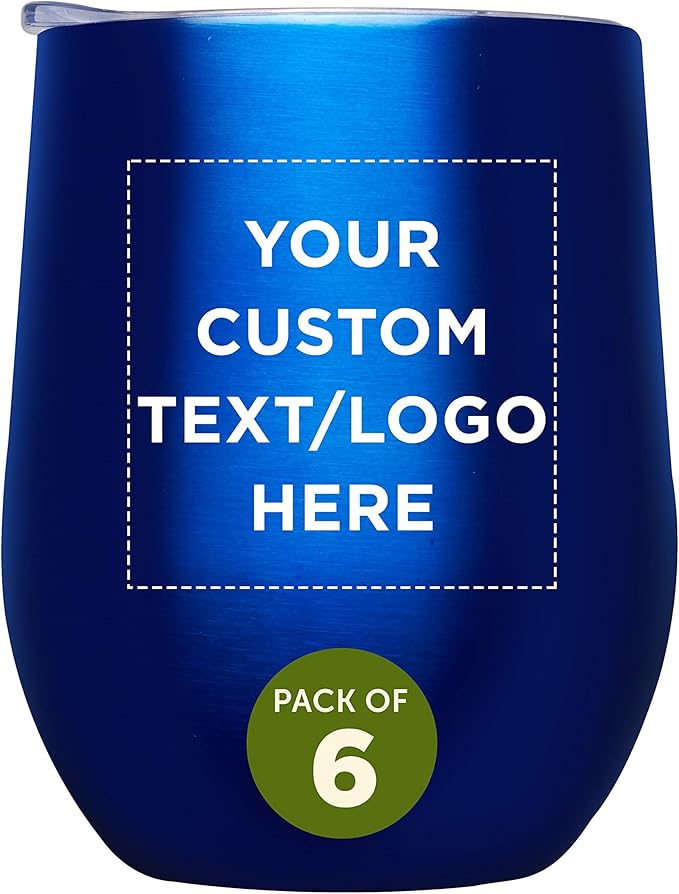 Custom Stemless Wine Glass Tumblers with Lids by Largo 11 oz. Set of 6, Personalized Bulk Pack - Perfect for Wine, Cocktails, Other Hot & Cold Beverages - Blue