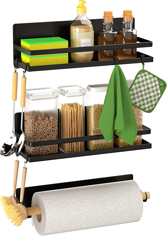 Strong Magnetic Large Shelf Spice Rack Magnetic Paper Towel Holder with Hooks for Refrigerator Fridge Organizer for Kitchen, Space Saver Container for Kitchen Apartment, Drill Free, Black
