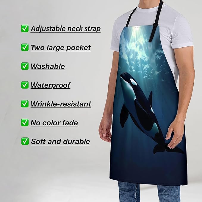 Ocean Orca Apron for Women, 28x33in, Kitchen Chef Aprons with 2 Pockets, Polyester, Sea Animal Apron for Cooking BBQ Baking Gardening Chef, Gifts for Mom Wife Dad