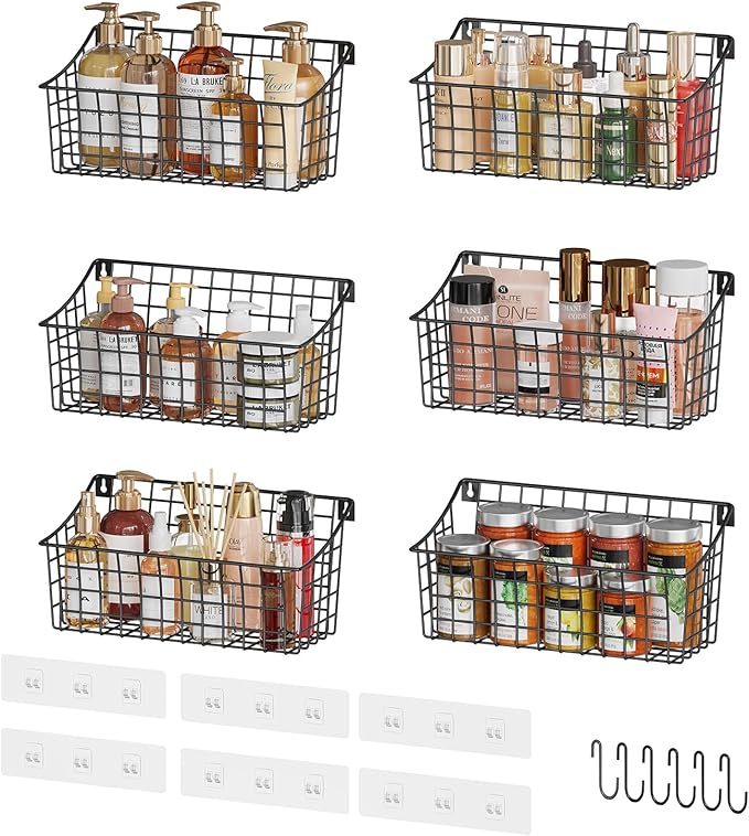 Sonyabecca 6 Pack Hanging Wall Basket for Organizing, Large Wire Basket for Storage Pantry with 5 S Hook+6 Adhesive Hook, Wall Mounted Shelf for Kitchen Bathroom