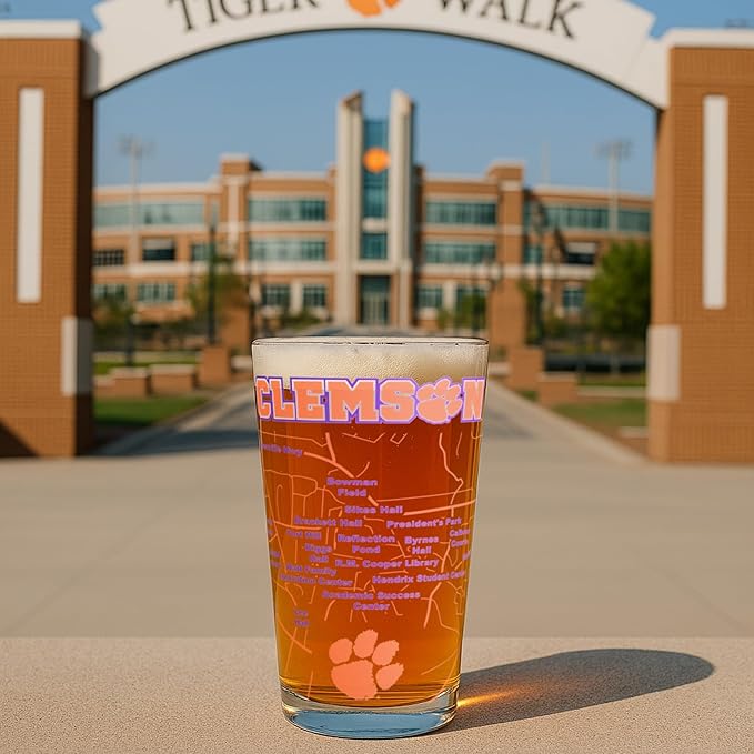 Greenline Goods – University of Clemson Tigers College Pint Beer Glasses (Set of 2), 16 oz – Full-Color Logo + Campus Map
