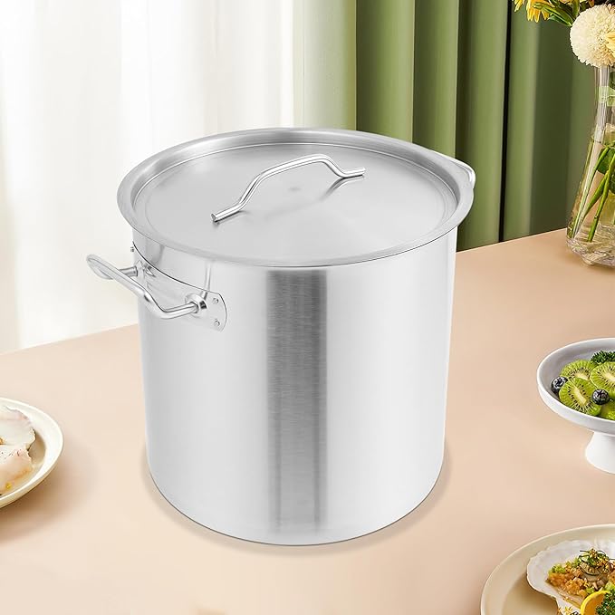 Large Stock Pot with Lid, Stainless Steel Cookware Stockpot, 26.4 Quart Heavy Duty Soup Pot with 2 Handles, All Stoves Compatible, Fast and Uniform Heating