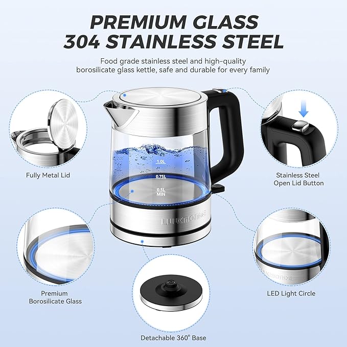 LUUKMONDE Electric Kettle, 1L 1500W, Small Glass Tea Kettle, Hot Water Boiler with LED Indicator, Cordless Water Heater Kettle, BPA-Free, Fast Boiling, Auto Shut-Off, Boil-Dry Protection