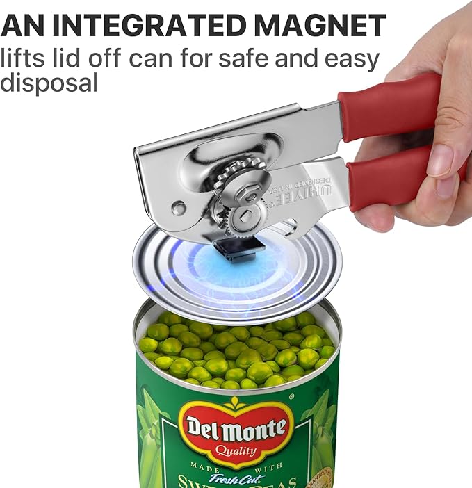 Can Opener Manual Heavy Duty, UHIYEE Hand Held Can Openers for Seniors with Comfort Grip Sharp Blade, Solid Steel Hand Manual Can Open with Magnet for Kitchen Camping, Red