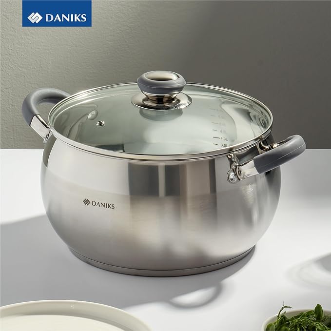 Daniks Modern 7 Quart Stainless Steel Stock Pot with Glass Lid, Tri-Ply Bottom for Even Heating, Induction Compatible, Dishwasher Safe, Heatproof Handles