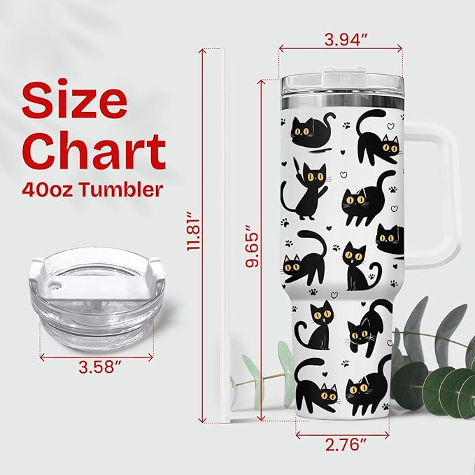34HD Black Cat Coffee Tumbler with Handle and Straw, 40oz Stainless Steel Insulated Kitty Mug with Lid, Cute Pet Gifts for Women Men on Birthday Mothers Day Halloween Christmas