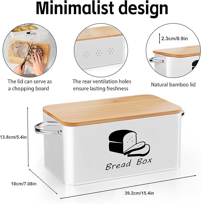 Metal Bread Box with Bamboo Cutting Board Lid, Bread Storage Container, Modern Kitchen Organizer for Sourdough, Buns, and Loaves (White)