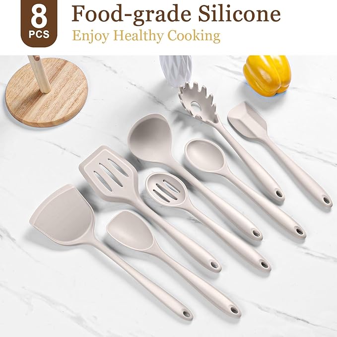LIANYU 8Pcs Kitchen Cooking Utensils Set, Silicone Cooking Utensil Set, Heat Resistant Kitchen Tools for Nonstick Cookware, Includes Silicone Spatula, Spoon, Ladle, Turner, Dishwasher Safe, Khaki