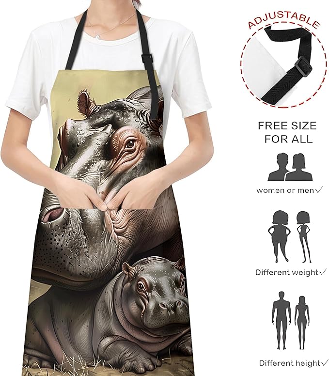 Realistic Hippo Apron for Women Men, Cooking BBQ Chef Polyester Lightweight Heartwarming Design Aprons with Pockets for Baking Kitchen Gardening Cleaning, Adjustable Neck Strap, 28×33inch