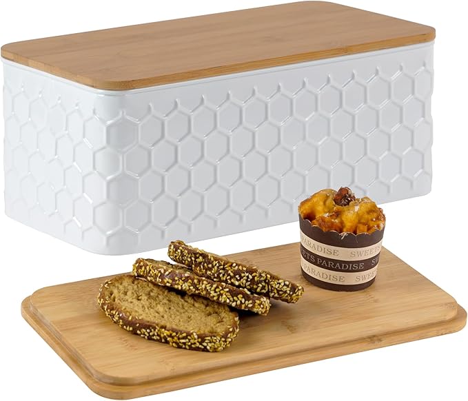 Large Bread Box for Kitchen Countertop Corner Breadbox for Homemade Bread Metal White Honeycomb Pattern Embossed Bread Storage Container Bin with Bamboo Lid