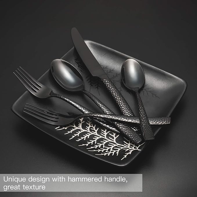 Silverware Set Black Flatware Set Hammered Stainless Steel Cutlery Set Mirror Finished 60 Pieces Home Faimily Use Service for 12