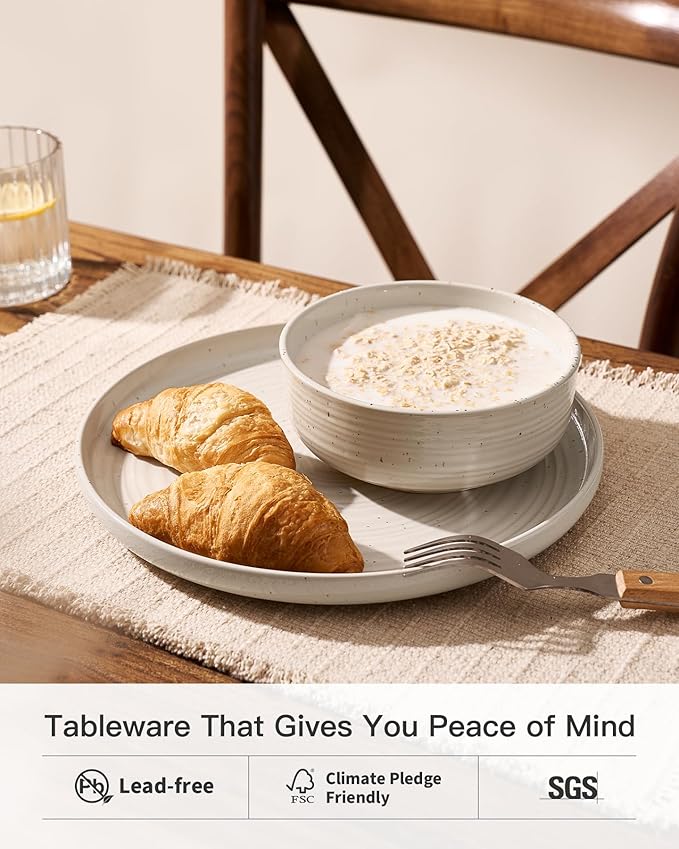 Stoneware Dinnerware Sets, Plate and Bowl Sets for 4, 12 Pieces Spiral Flared Dishware Set with Speckles & Reactive Glaze - Microwave and Dishwasher Safe Tableware, Shell Beige