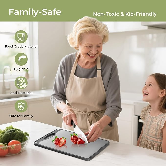 Highly Rated Double Sided Titanium Cutting Board - 15x10 Inch Non-Slip Kitchen Chopping Board with Juice Groove, Wheat Straw Side & Garlic Grater, Dishwasher Safe, Knife-Friendly