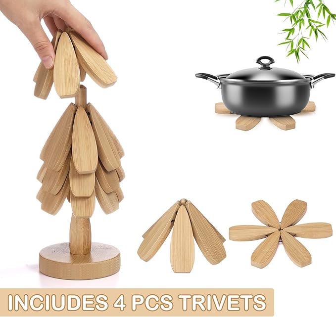 Wooden Christmas Tree Coaster Trivets Wood Trivets Set for Hot Dishes Set of 4 Christmas Tree Shape Foldable Wooden Coaster and 1 Stand Natural Trivet for Cups Plates Bowls Pots(Burly Wood Color)