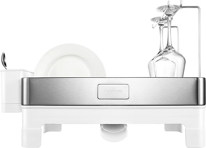 happimess DSH1003B Simple 20.5' Fingerprint-Proof Stainless Steel Dish Drying Rack, Dish Rack with Swivel Spout Tray and Wine Glass Holder, Utensil Holder, Stainless Steel/White, Silver/White