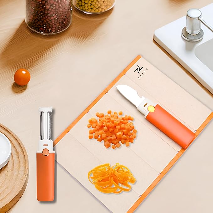 Foldable Cutting Board Great for Fruits-Veggies, Includes Built-in Peeler, Grater and Small Knife with Bottle Opener, Ergonomic Design for Kitchen and Travel, Color May vary on Green or Orange.
