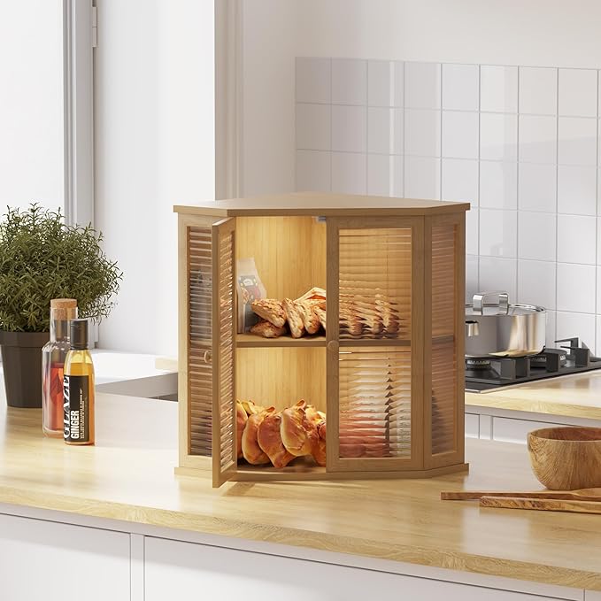 Corner bread box Bread Box for Kitchen Countertop - Corner Bread Storage Box 16.51" H, Premium Pine Wood with Glass Door, Perfect for Homemade Bread, Baguettes & Pastries (Natural wood)