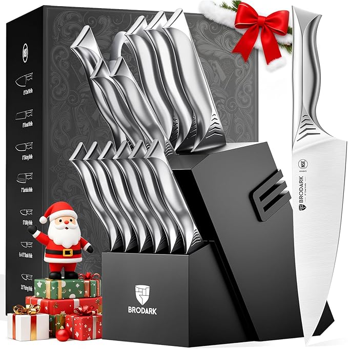 BRODARK Kitchen Knife Set with Block - 15-Piece Knife Block Set with Built-in Sharpener - High Carbon Stainless Steel Kitchen Knives Set for Kitchen - Shark Series