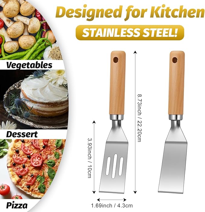 Patelai 2 Pack Small Spatula Mini Serving Brownie Spatula for Serving and Flipping Cooking Pancakes Desserts Cookie Eggs Lasagna (Solid,Slotted,Wooden Handle)