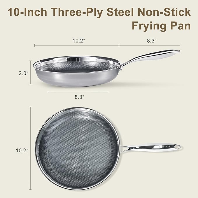 GiPP Tri-Ply Stainless Steel Frying Pan, 10 inch Hybrid Frying Pans Nonstick Skillets, Dishwasher and Oven-Safe, Induction Ready, Compatible with All Cook tops, PFOS/PFOA Free