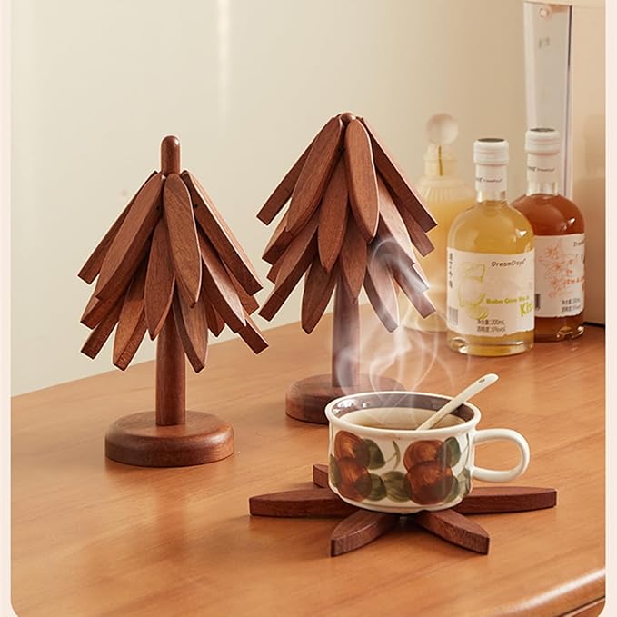 Wooden Trivets for Hot Dishes,Tree Shape Trivet Set,Placemat Solid Wood Table Mat for Hot Pots,Pans 5 Layers+1 Stand Heat Insulation Ornament Christmas Decorations DIY Xmas Gift