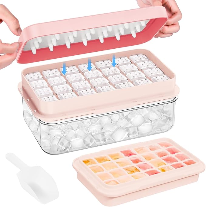 Ice Cube Tray with Lid and Bin, 28 pcs Ice Cubes Molds, Ice Trays for Freezer, Ice Cube Tray Mold, with 1 tray, Ice Freezer Container, Spill-Resistant Removable Lid & Ice Scoop, for Whiskey,Cocktail