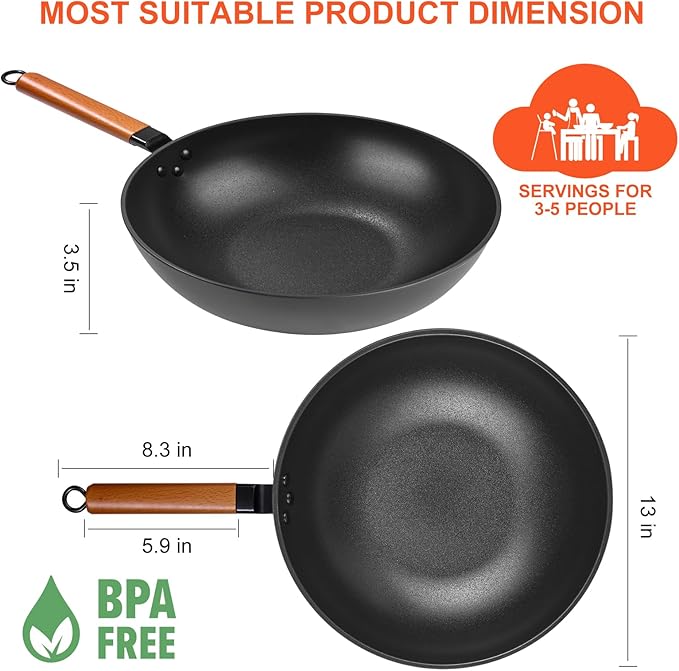 Carbon Steel Wok Pan - 13" Woks & Stir-Fry Pans Nonstick with Spatula: Flat Bottom Wok for Electric, Induction and Gas Stoves
