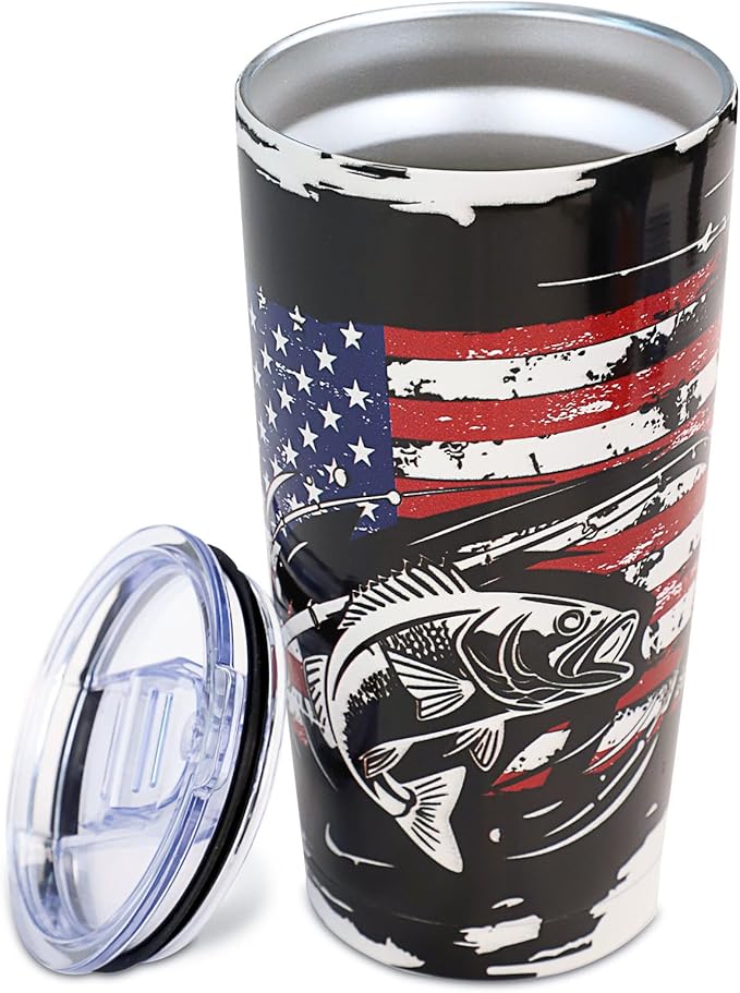 20oz Fishing Tumbler - Stainless Steel Vacuum Insulated | Fishing & American Flag Design, Leak-Proof Travel Mug for Hot/Cold Drinks, Patriotic Gift for Anglers, Fisherman & Outdoor Fans