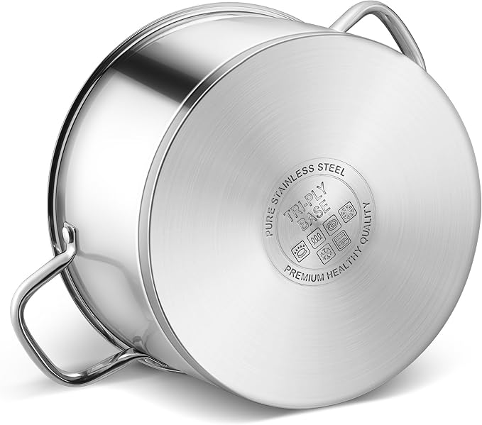 LIANYU Stainless Steel Stock Pot, 8 QT Large Soup Pot for Home Kitchen, Heavy Duty Cookware Compatible with Ceramic Gas Induction Cooktop, Dual Handles & Glass Lid, Dishwasher Safe