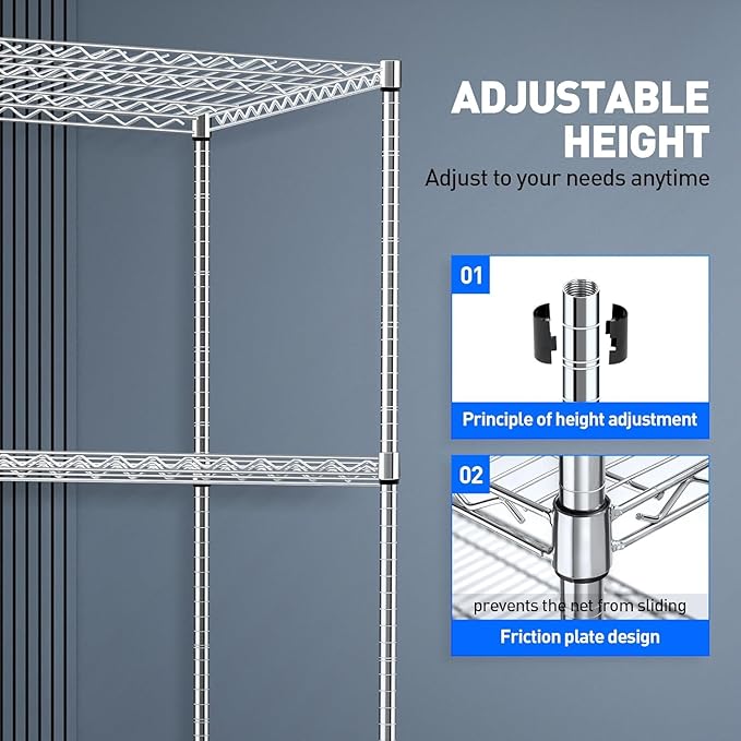 Metal Wire Shelving Unit Storage Shelves, Heavy Duty Metal Storage Shelf with Wheels, Adjustable Commercial Wire Rack for Garage or Kitchen (Silver, 5-Tier, 60"x18"x72")