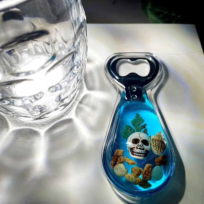 Magnetic Bottle Opener – Original Design Skull Sinking in Ocean in Blue Resin – Strong Magnet for Fridge – Lightweight Gift for Goth Decor & Bartenders – Clear Blue, 1 PCS
