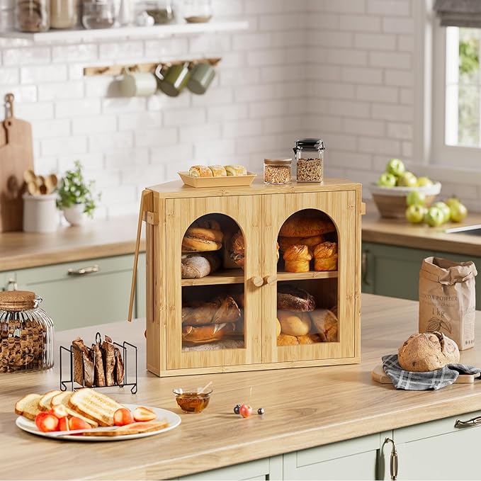 WOWLIVE Corner Bread Box for Kitchen Countertop, 2 Tier Bamboo Bread Storage Container for Homemade Bread with Clear Acrylic Door Panel, Large Bread Bin Farmhouse Breadbox Organizer (Natural, Medium)